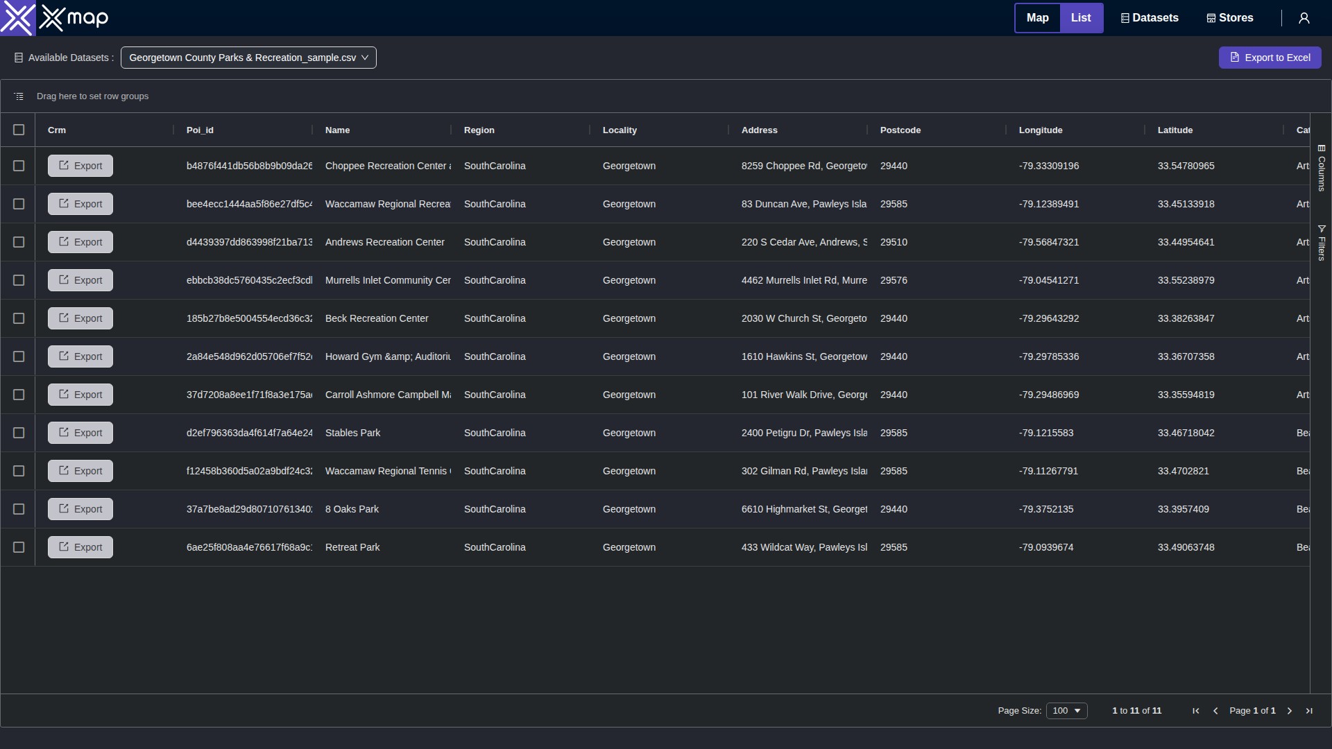 Georgetown County Parks & Recreation data table