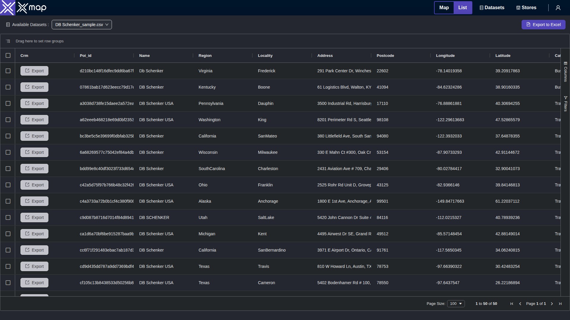 DB Schenker data table