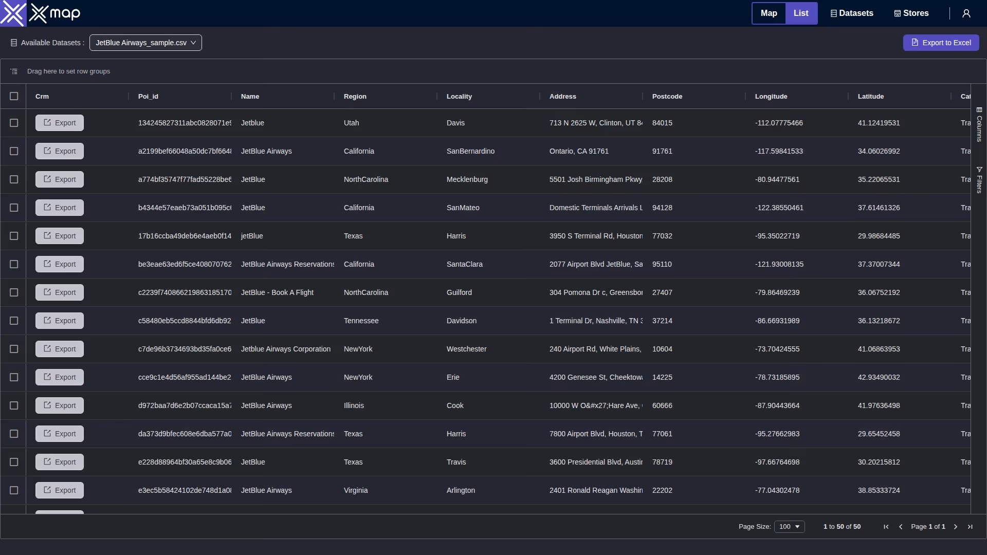JetBlue Airways data table