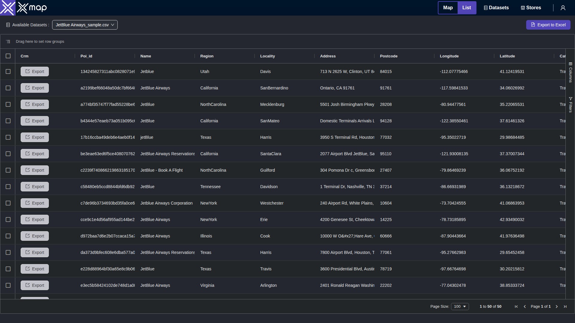 JetBlue Airways data table