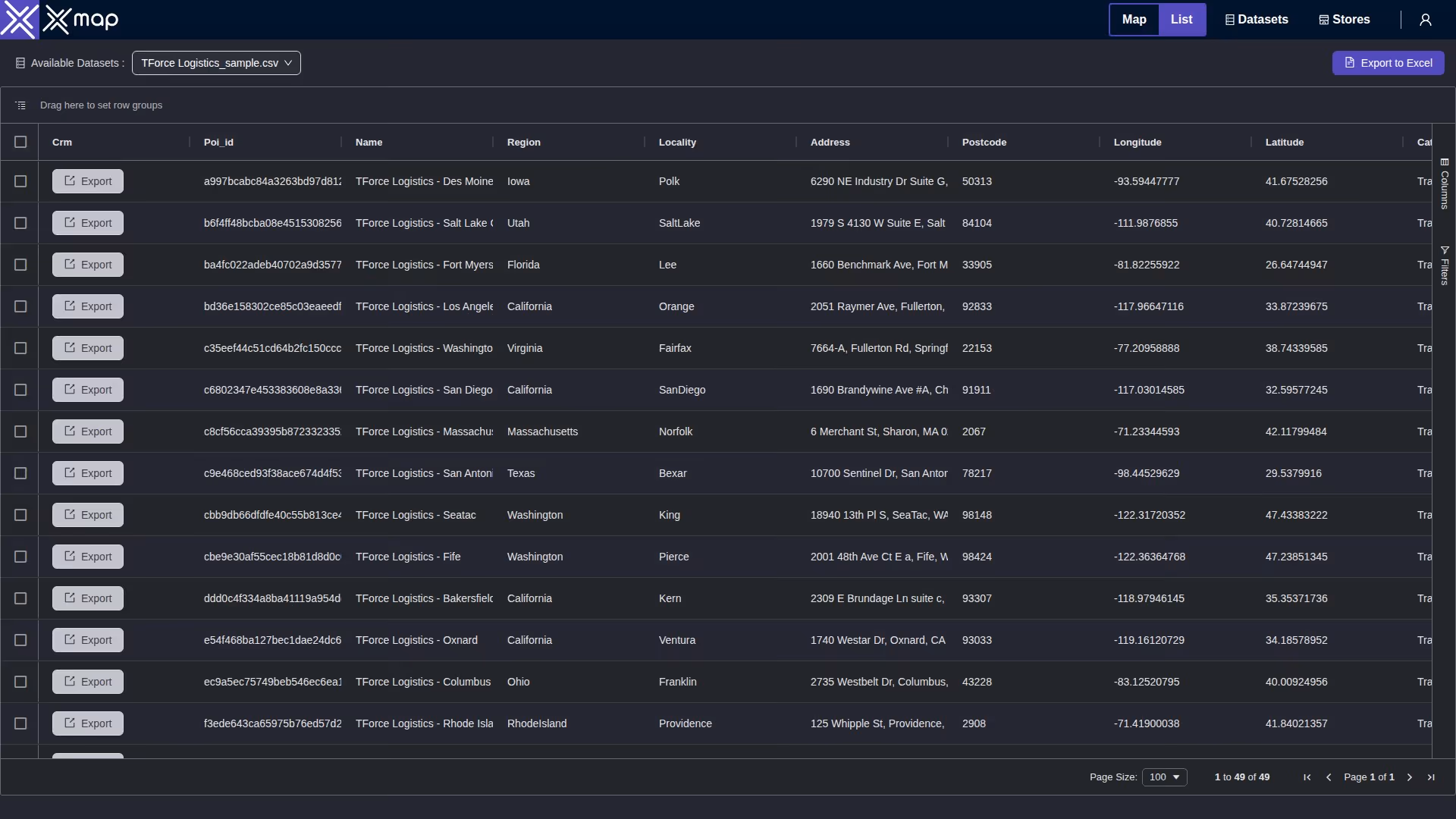 TForce Logistics data table