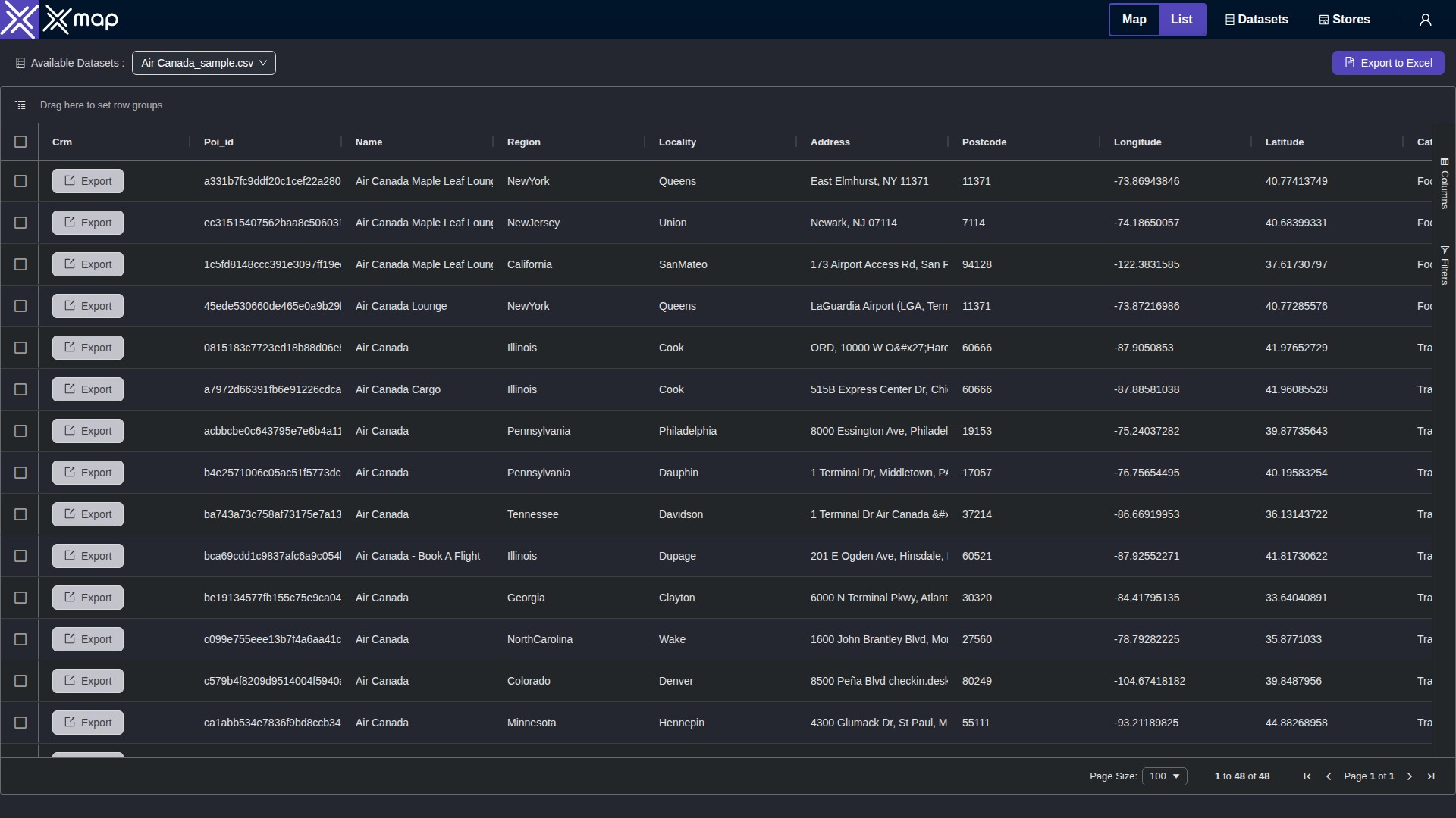 Air Canada data table