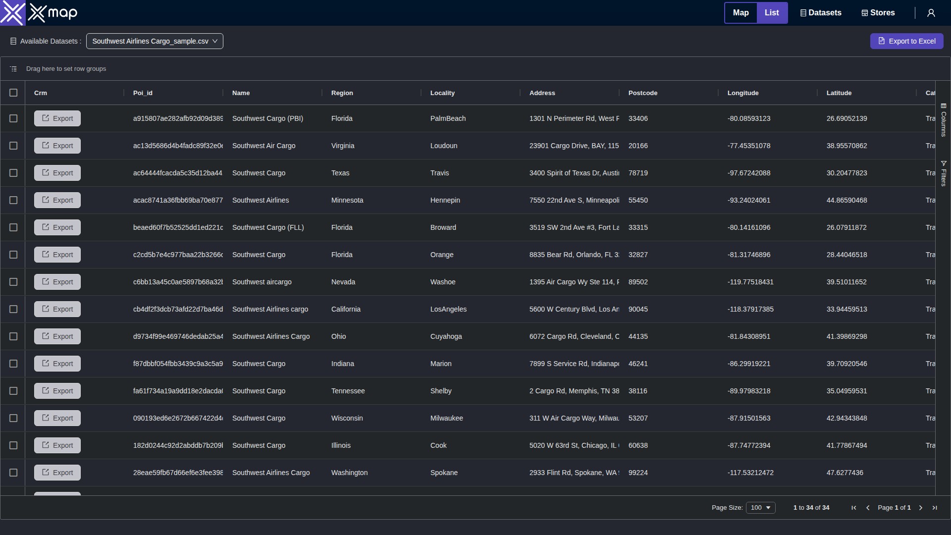 Southwest Airlines Cargo data table
