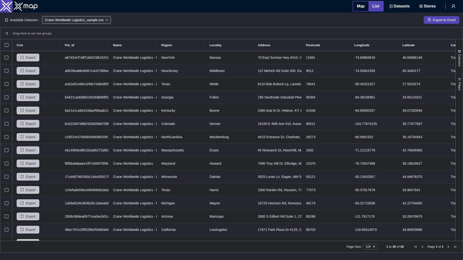 Crane Worldwide Logistics data table