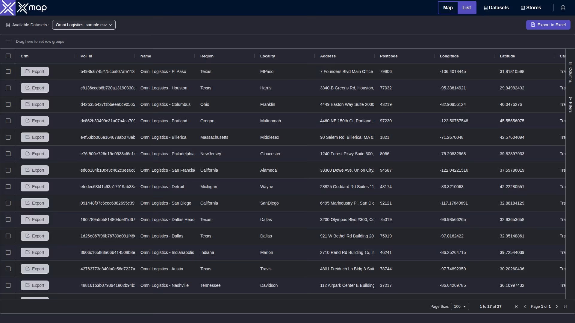 Omni Logistics data table