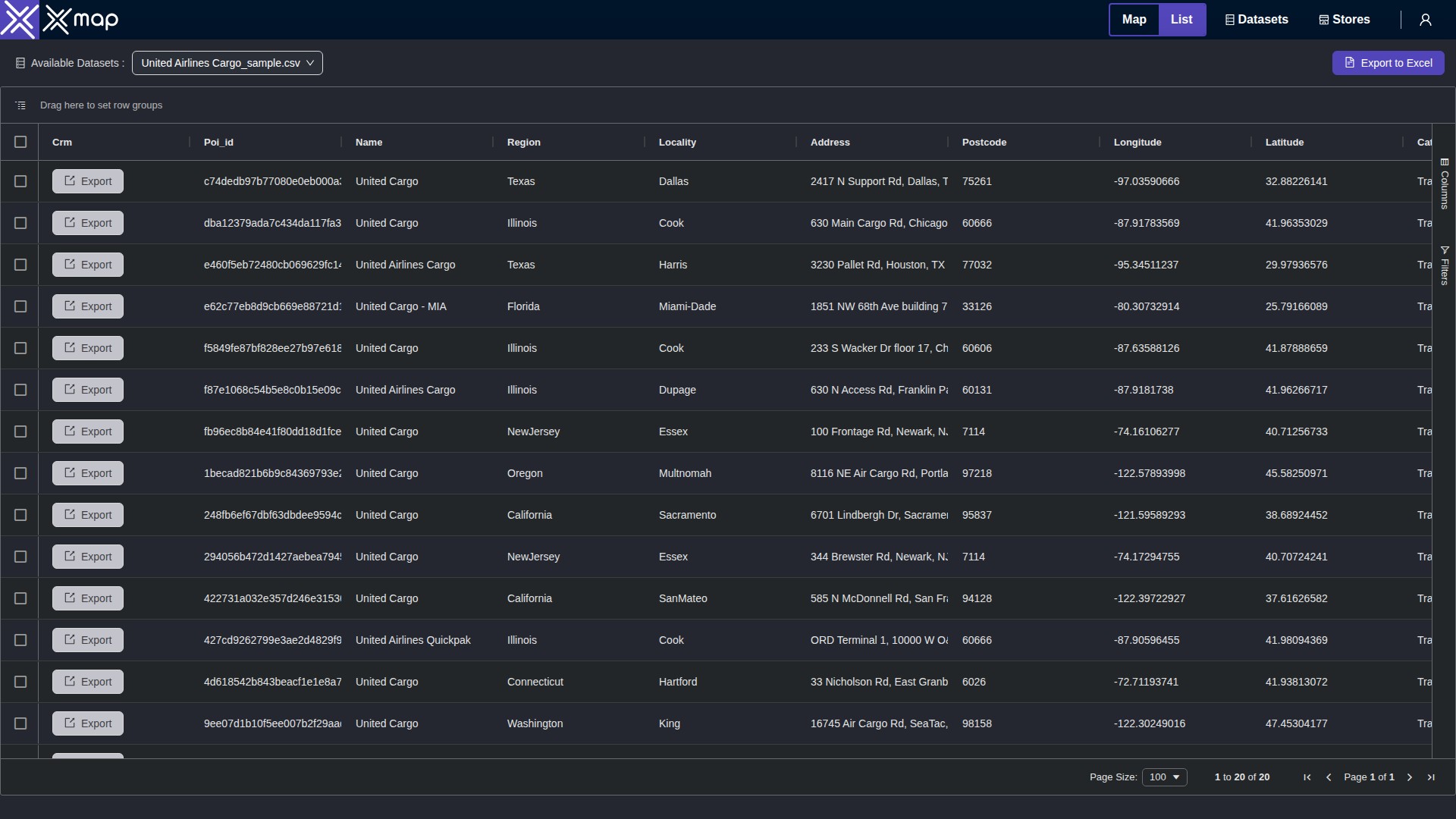 United Airlines Cargo data table