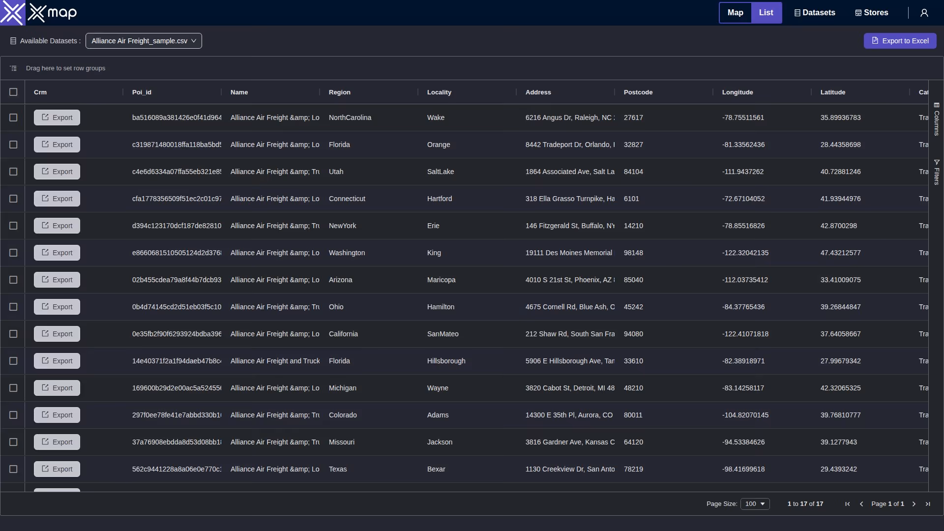 Alliance Air Freight data table