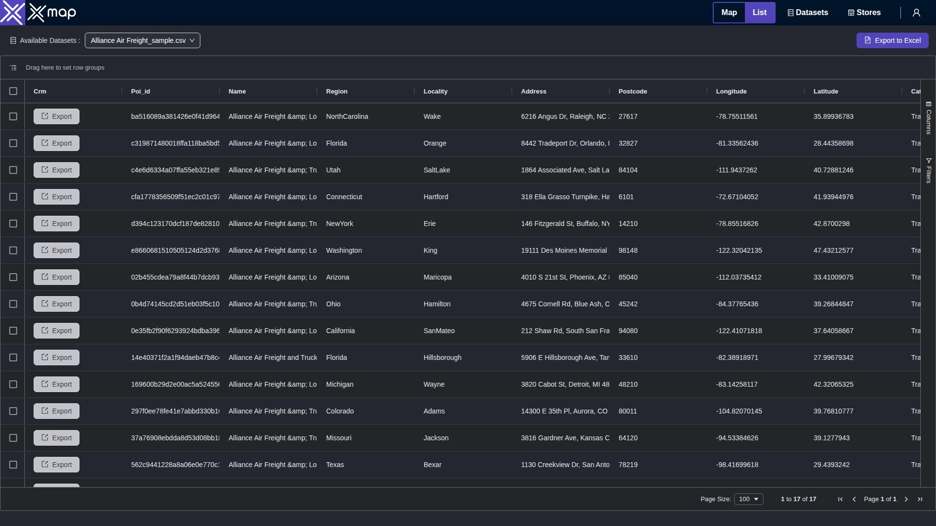 Alliance Air Freight data table