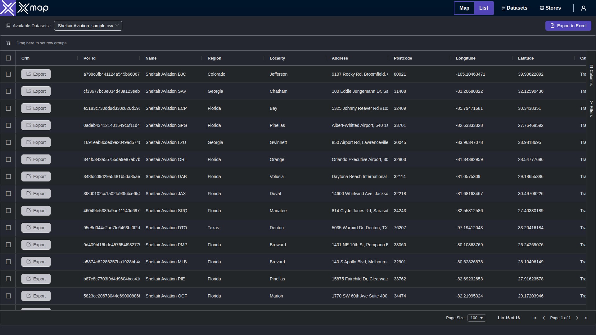 Sheltair Aviation data table