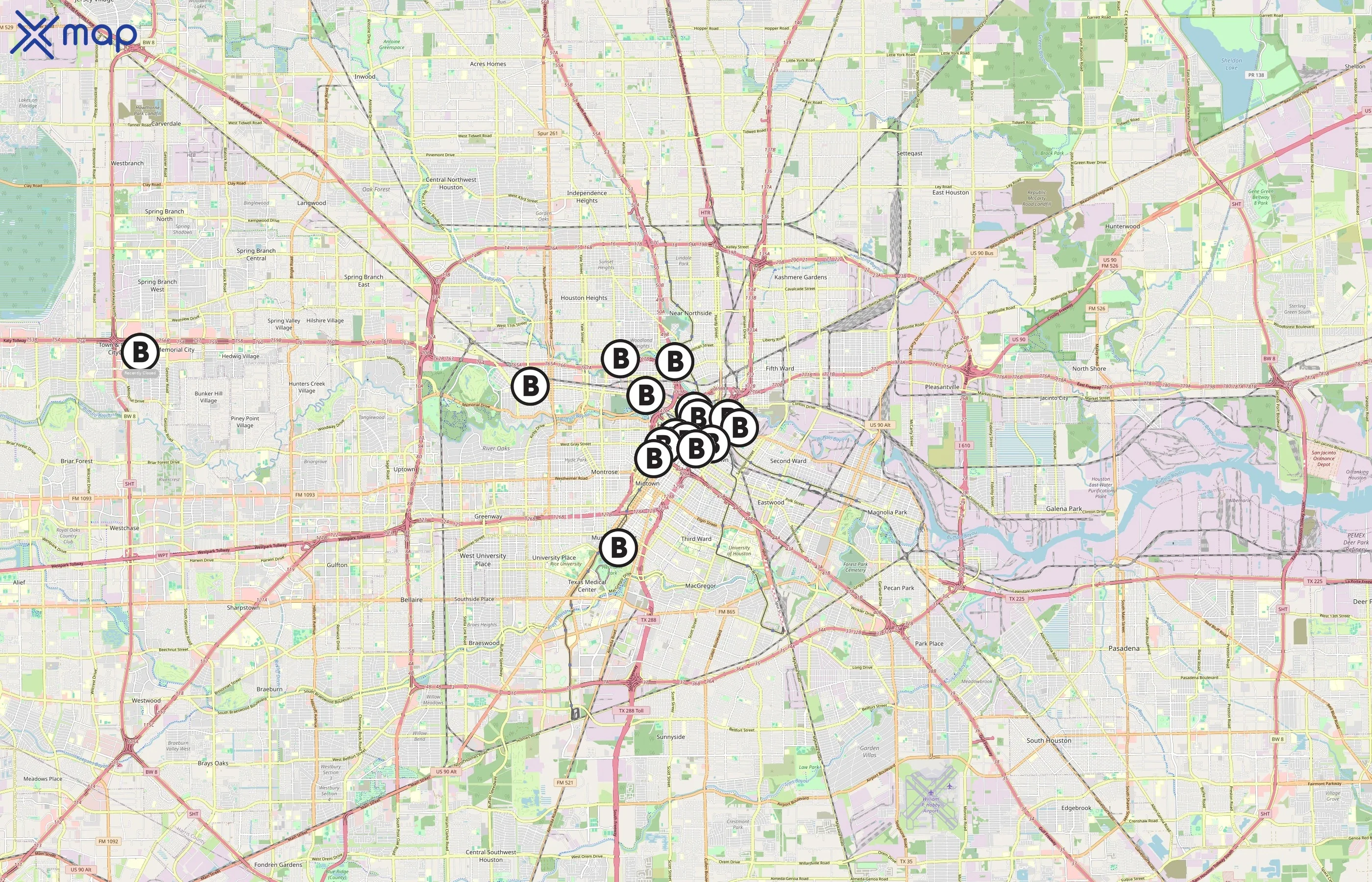 Houston B-cycle area coverage