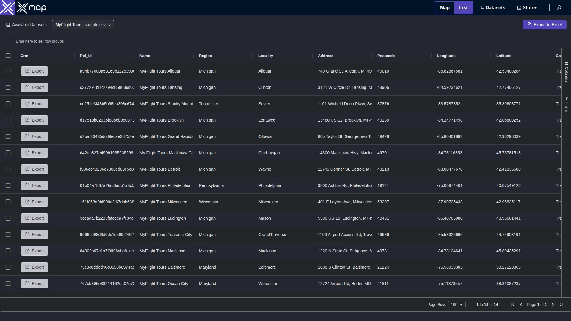 MyFlight Tours data table