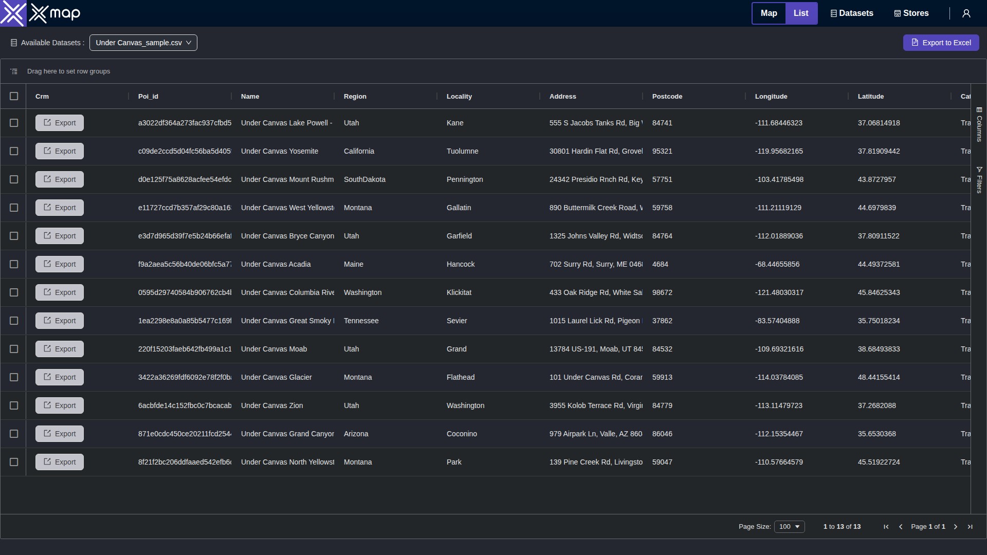 Under Canvas data table