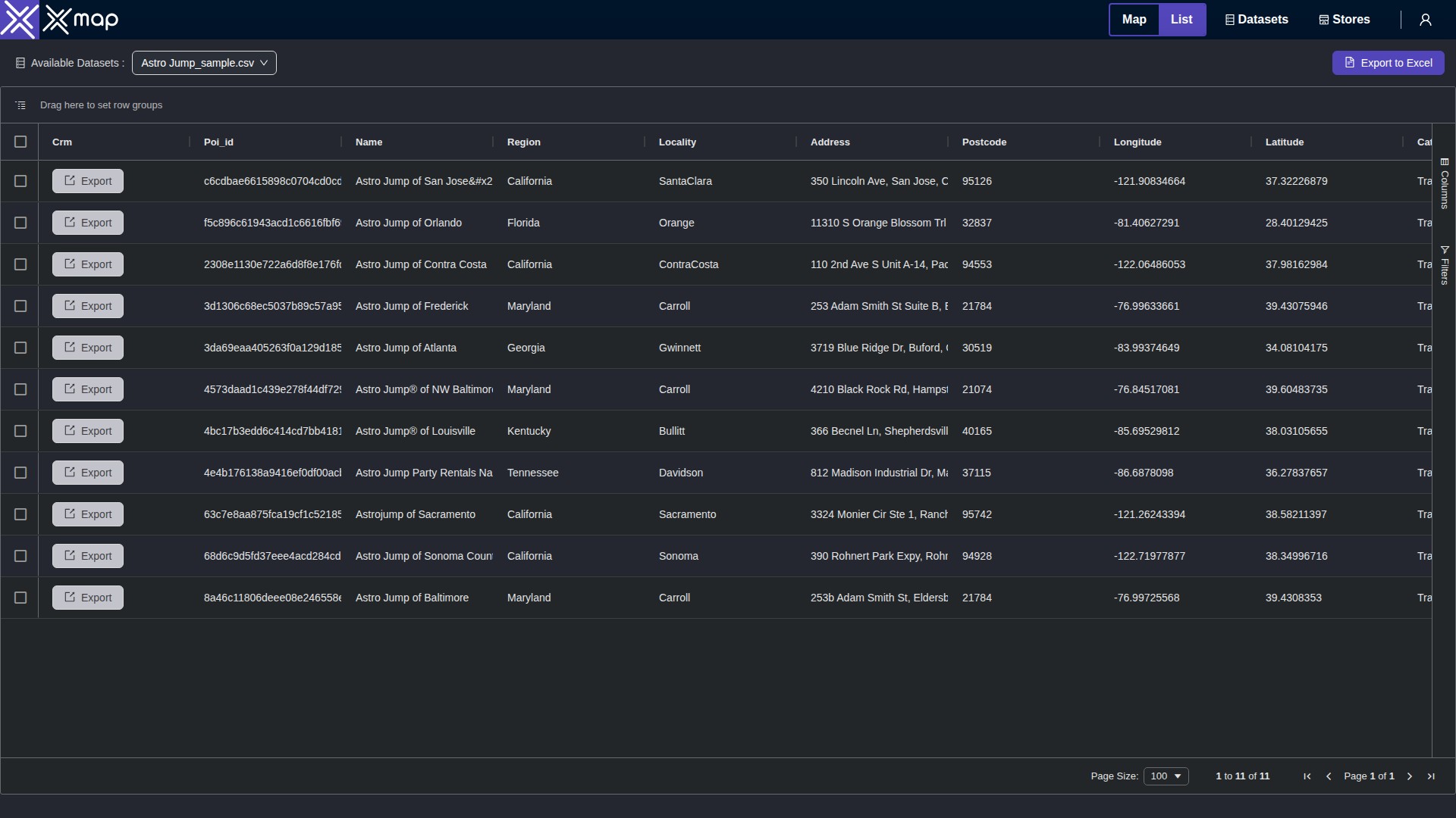 Astro Jump data table