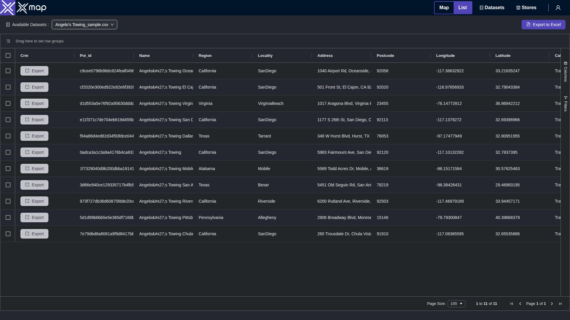 Angelo's Towing data table