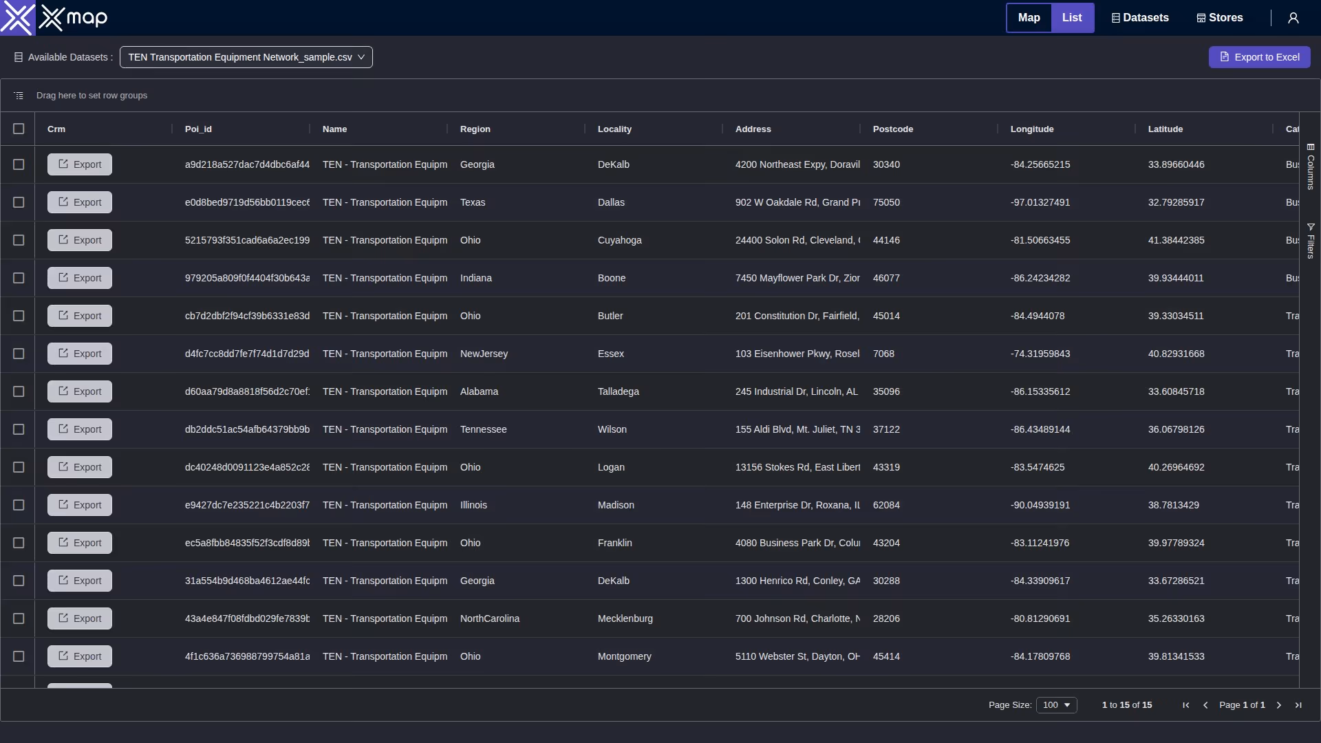 TEN Transportation Equipment Network data table