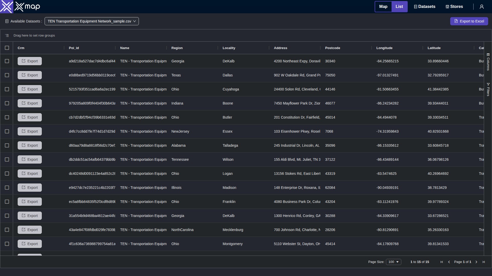 TEN Transportation Equipment Network data table