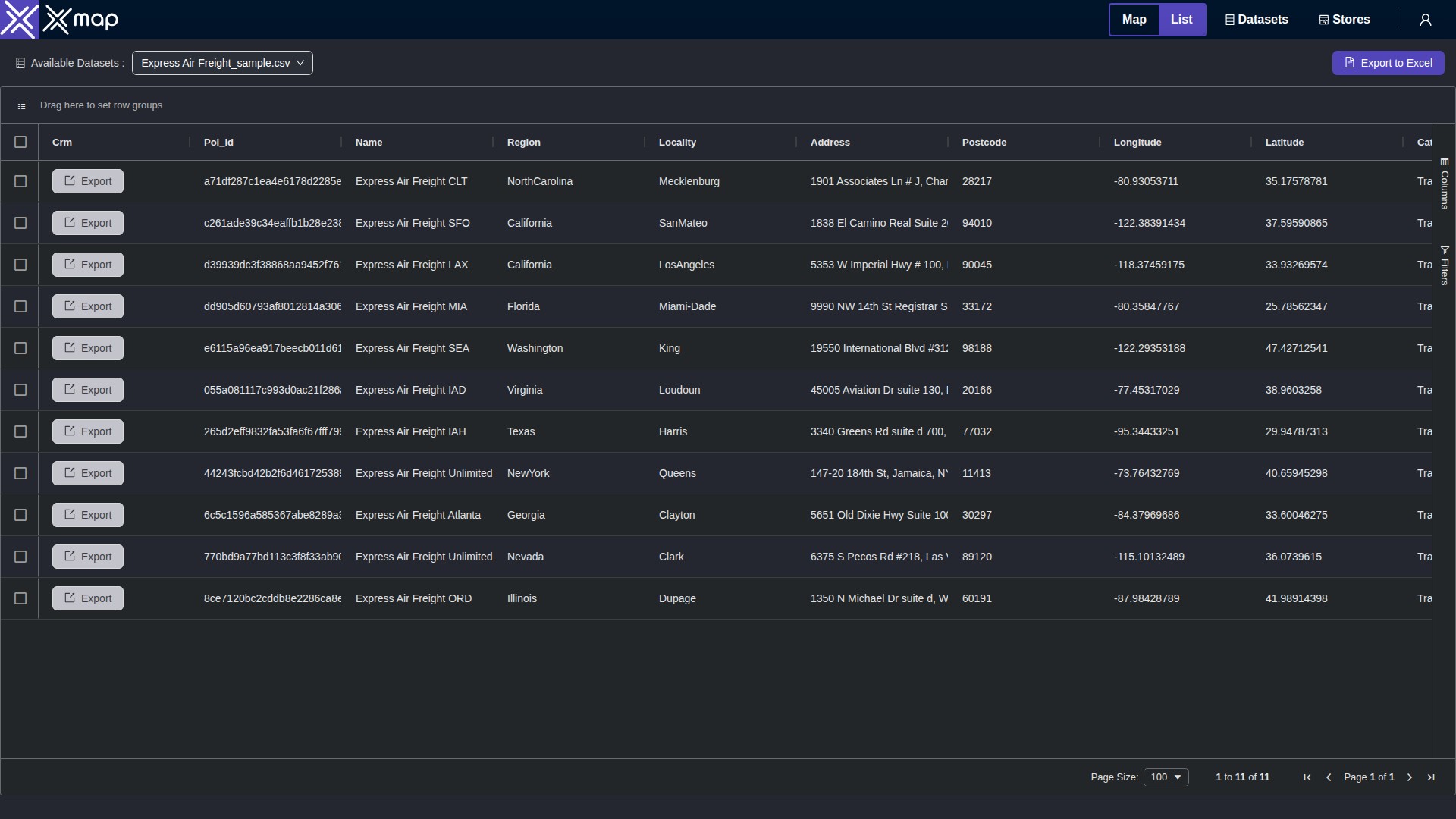 Express Air Freight data table