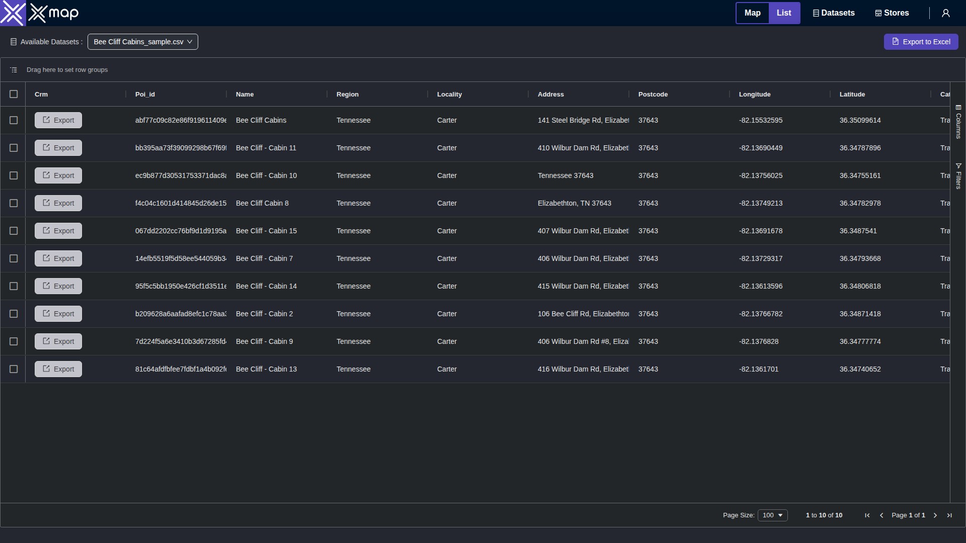 Bee Cliff Cabins data table