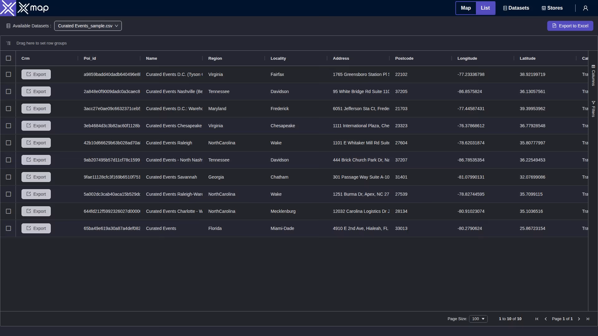 Curated Events data table