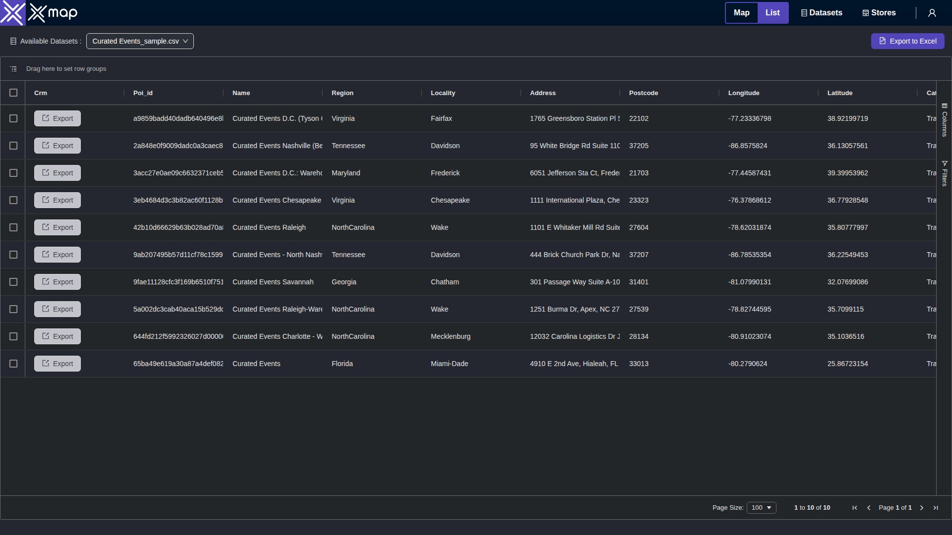 Curated Events data table