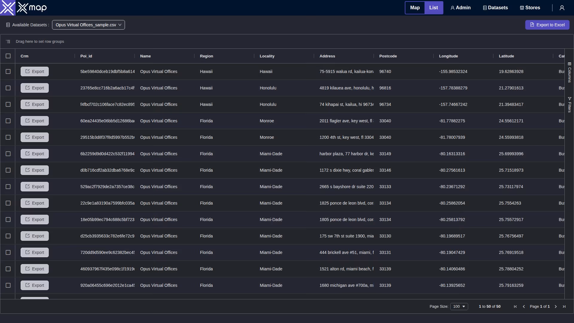 Opus Virtual Offices data table