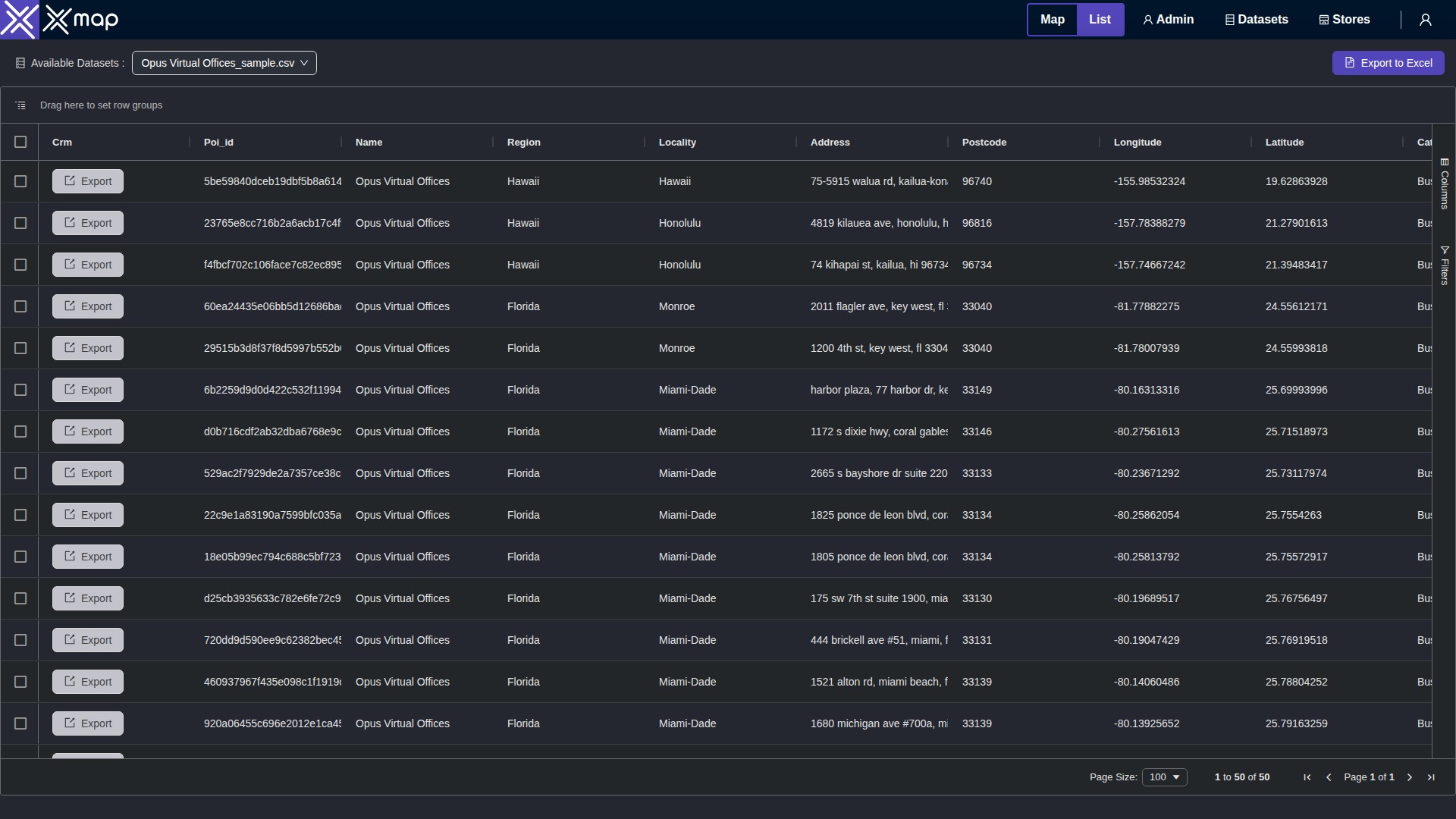 Opus Virtual Offices data table