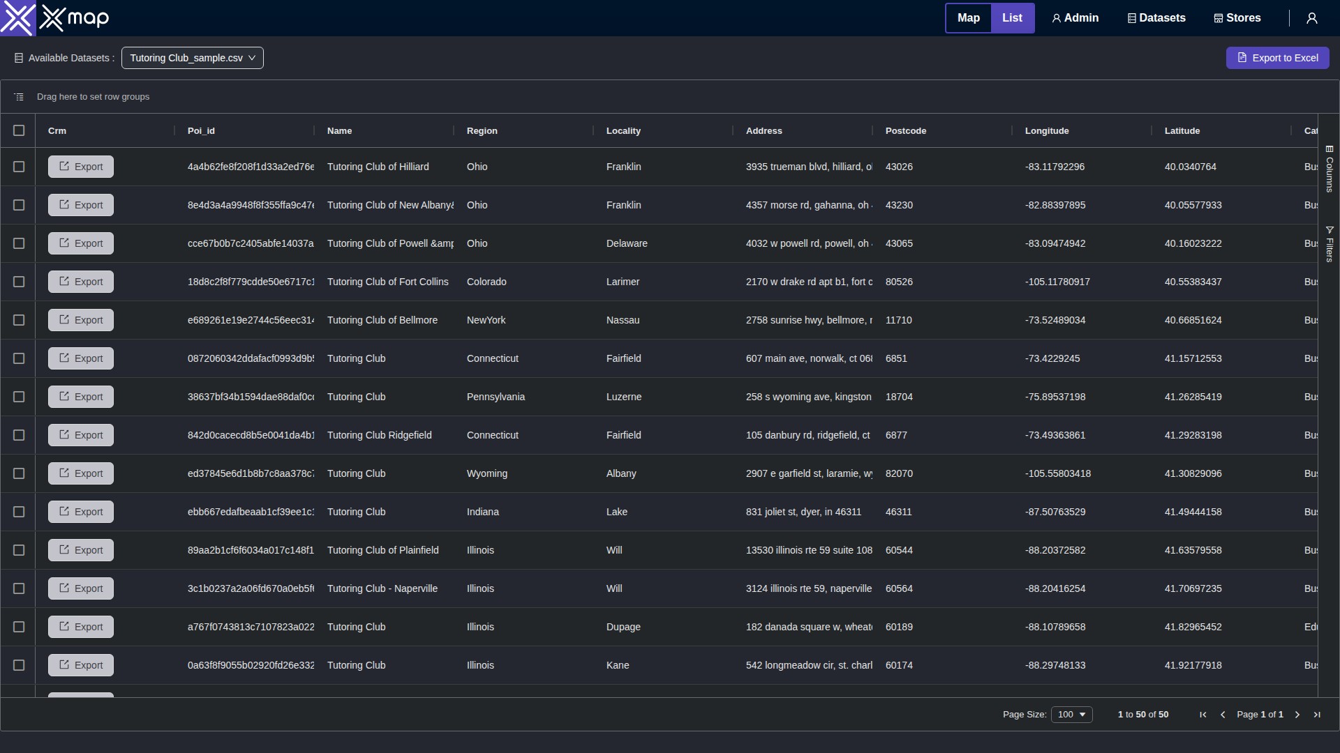 Tutoring Club data table