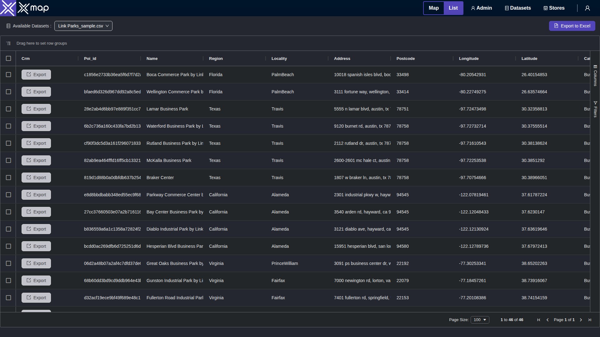 Link Parks data table