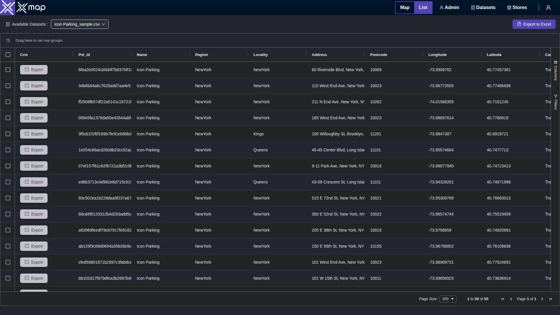Icon Parking data table