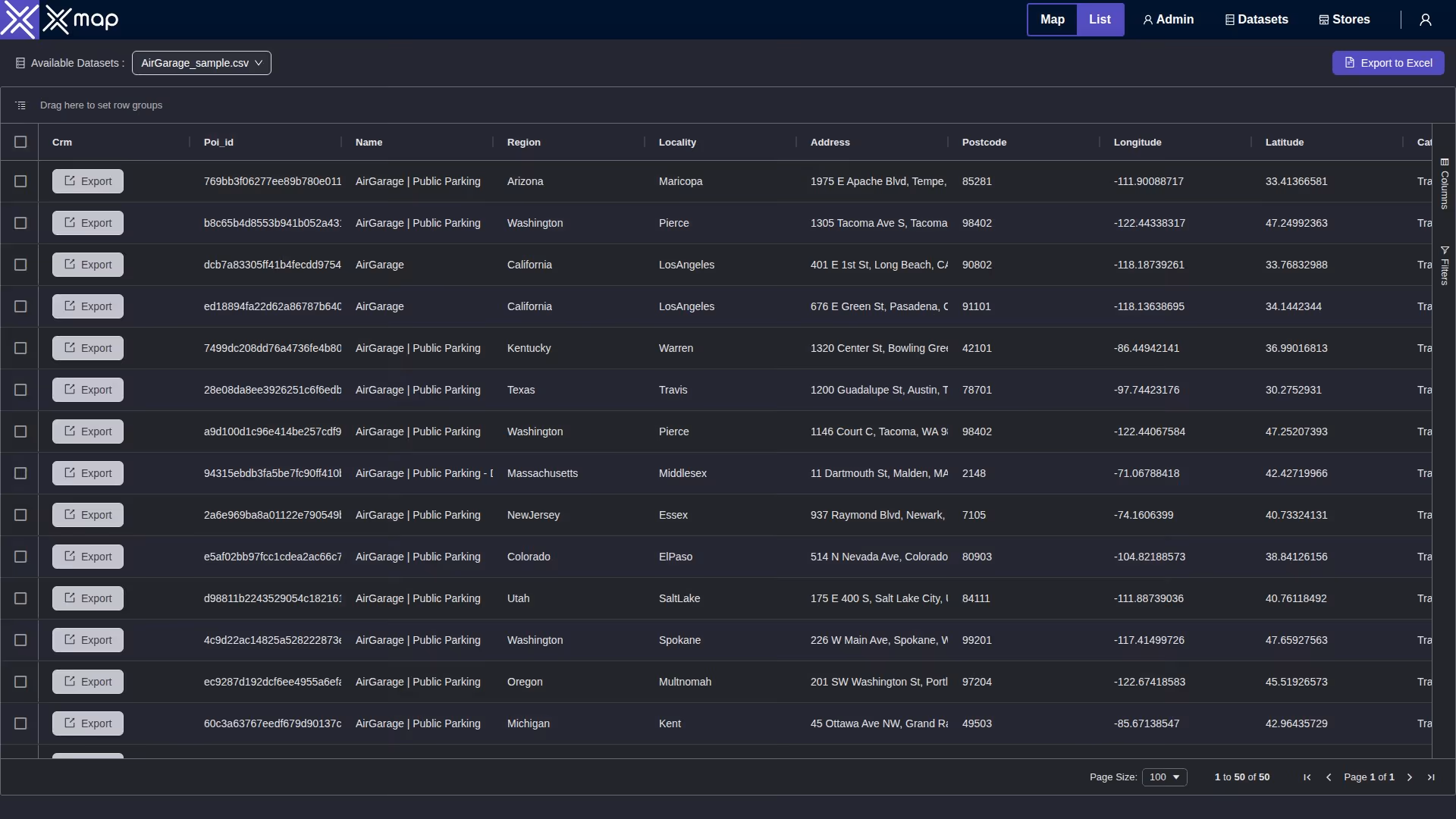 AirGarage data table