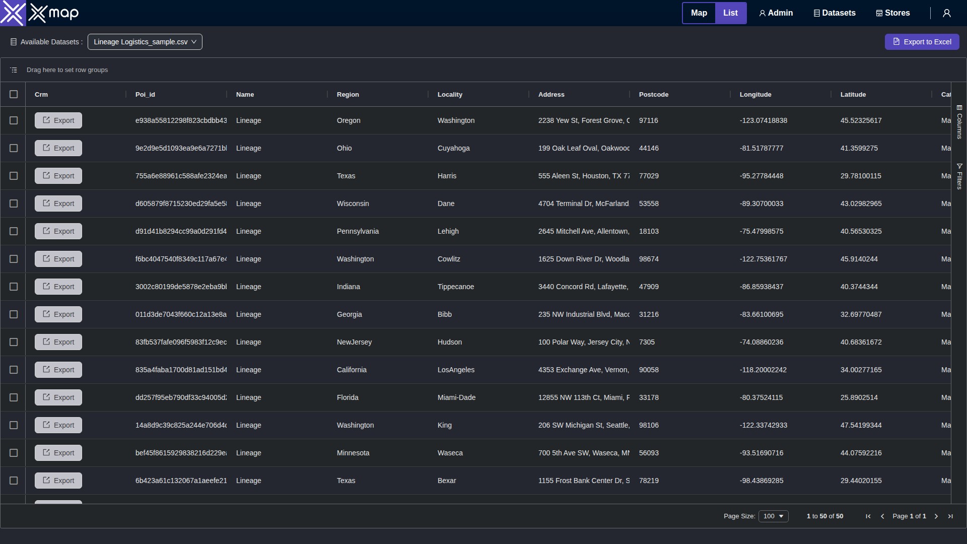 Lineage Logistics data table