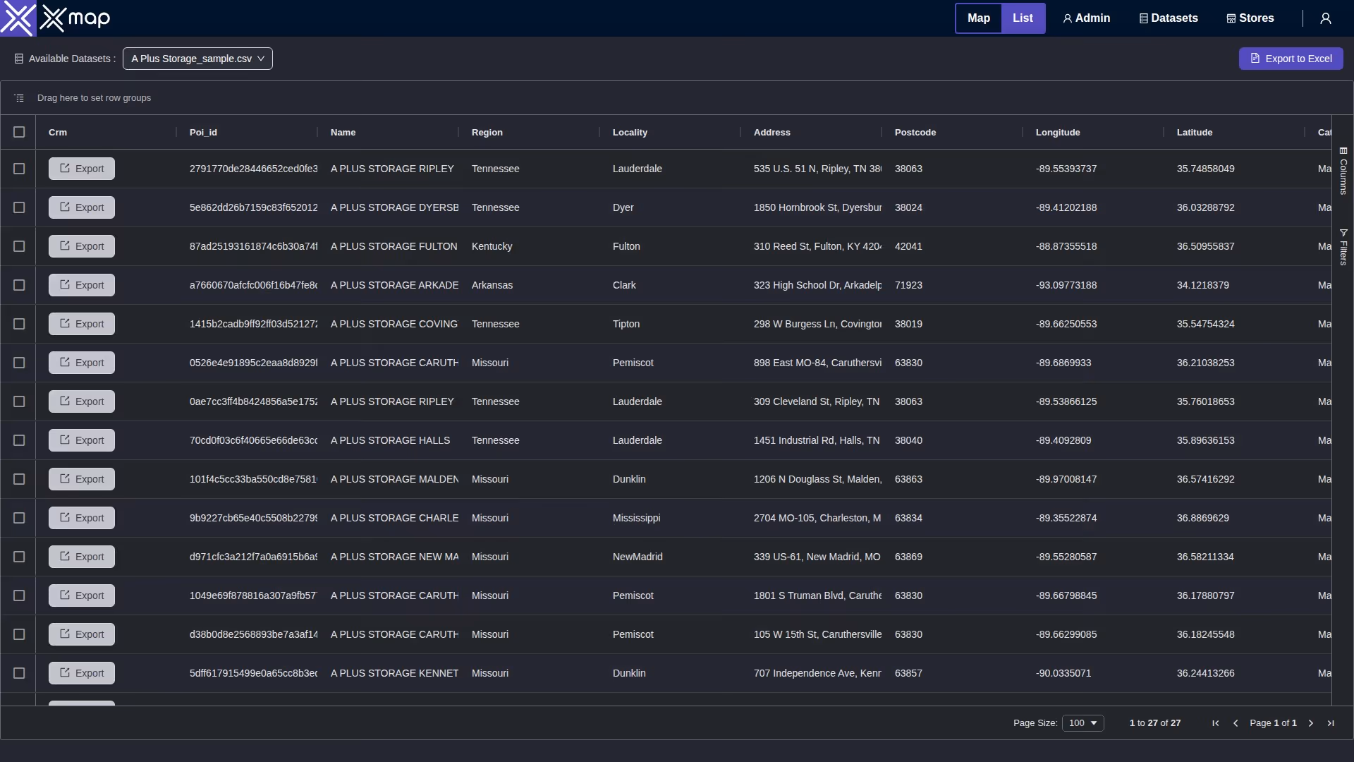 A Plus Storage data table