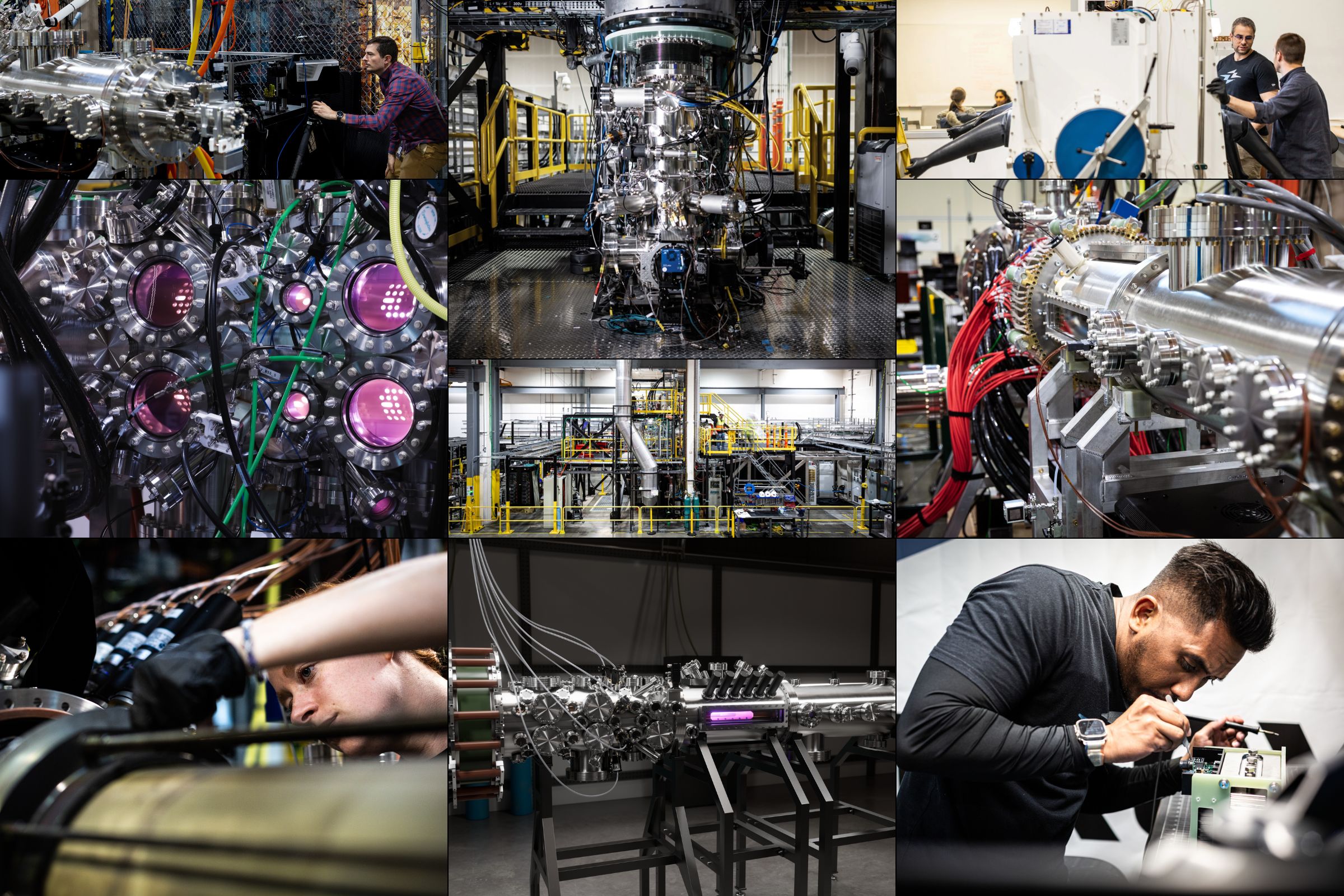 A mosaic of photos showing scientists, engineers and various high-tech hardware