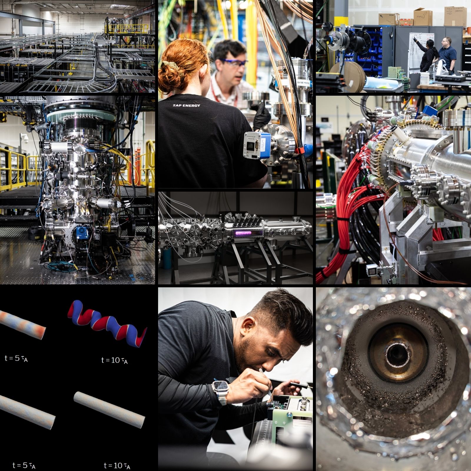 A mosaic of photos showing scientists, engineers and various high-tech hardware