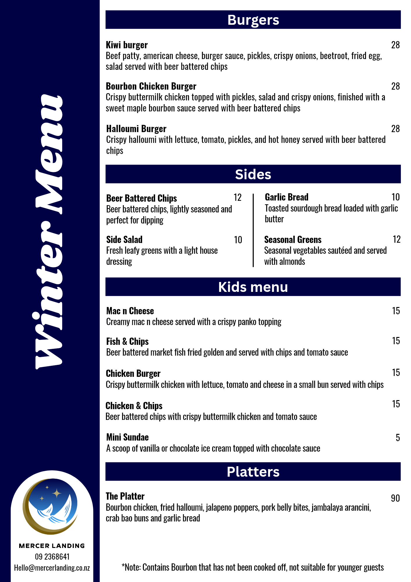 Mercer Landing Kitchen & Bar Winter menu