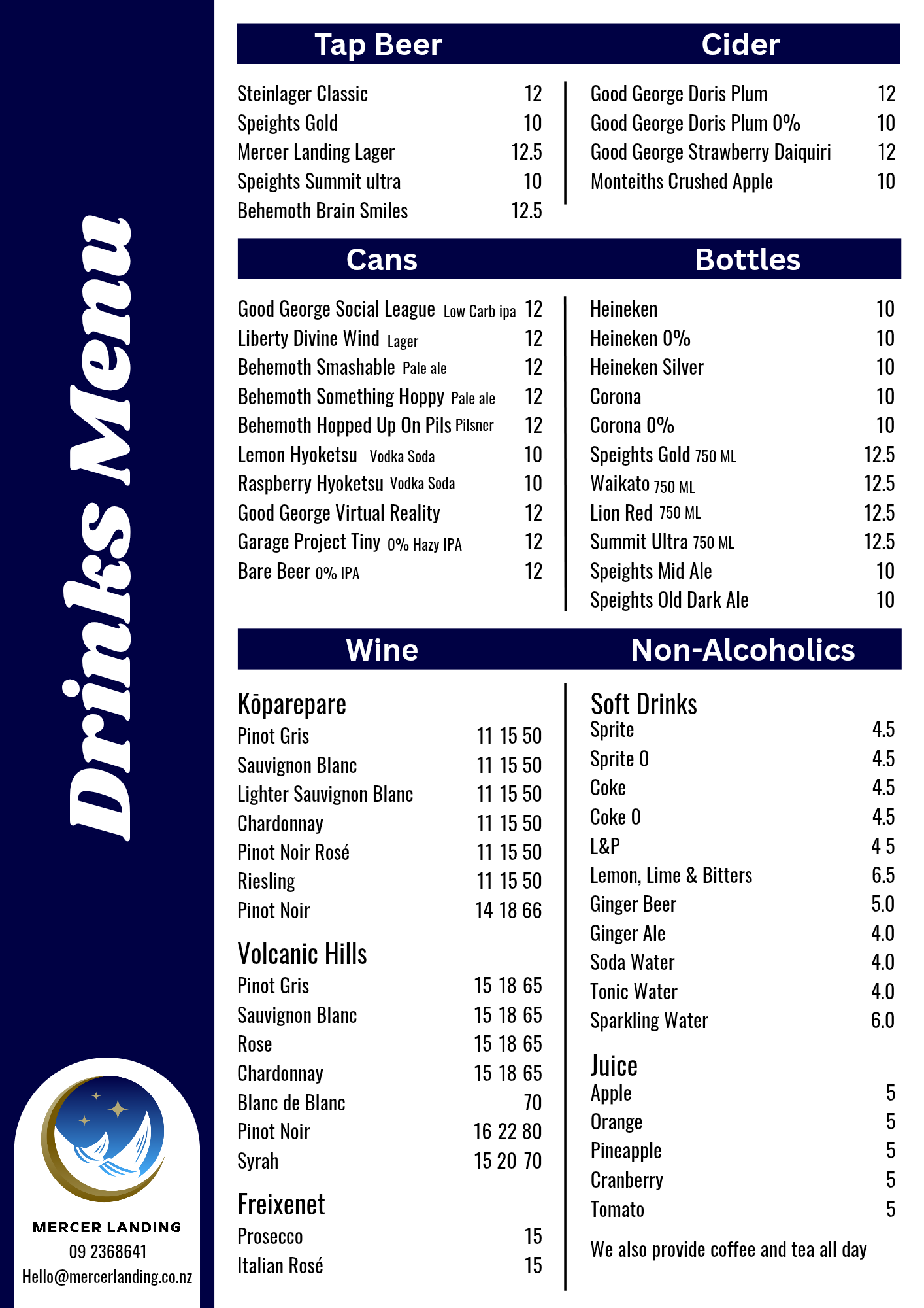 Mercer Landing Kitchen & Bar drinks menu