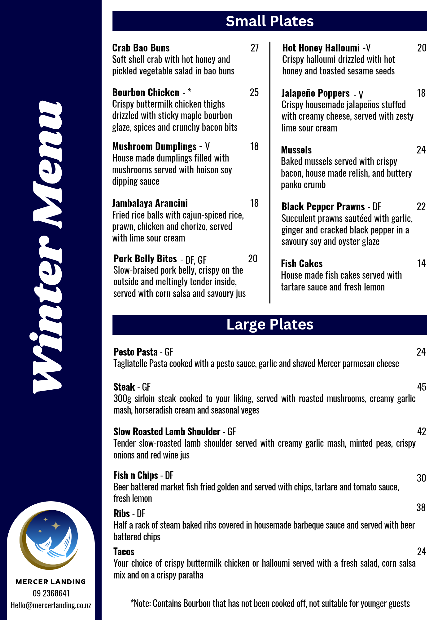 Mercer Landing Kitchen & Bar Winter menu