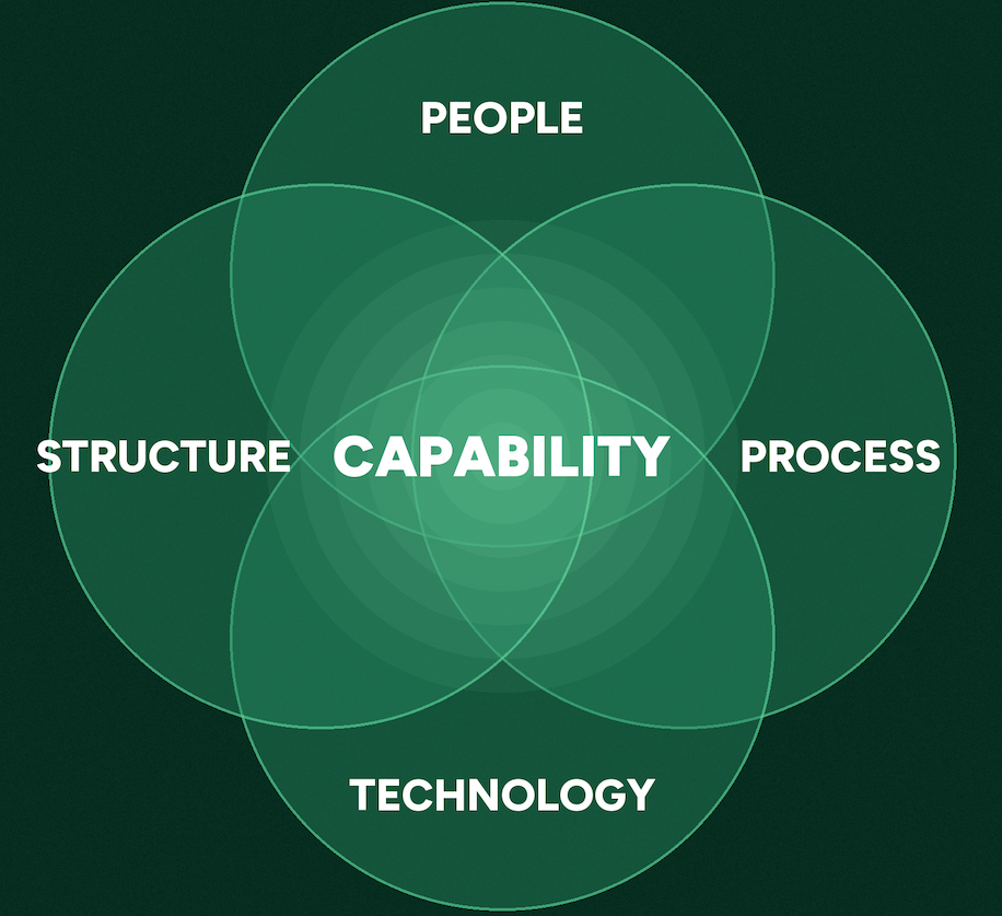 A Venn diagram with Capability in the middle, surrounded by People, Process and Structure.