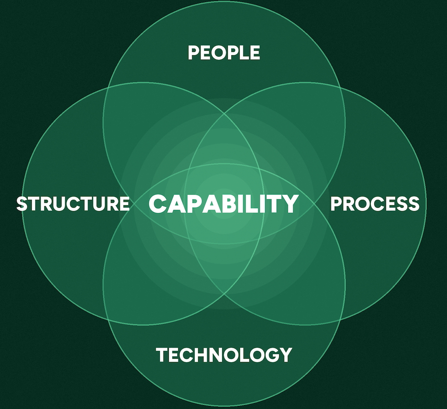A Venn diagram with Capability in the middle, surrounded by People, Process and Structure.