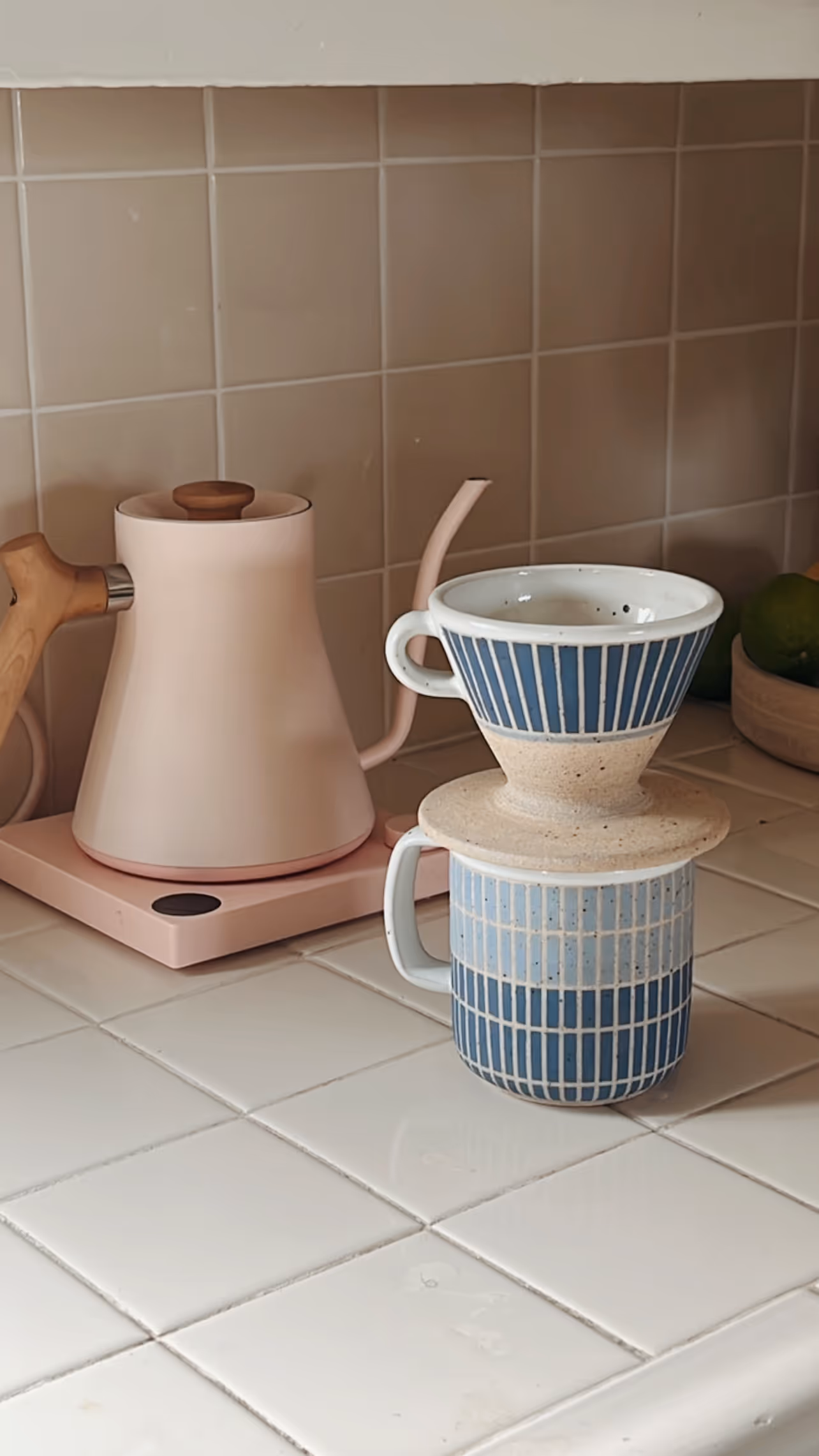 Striped, blue and white clay pourover set. 
