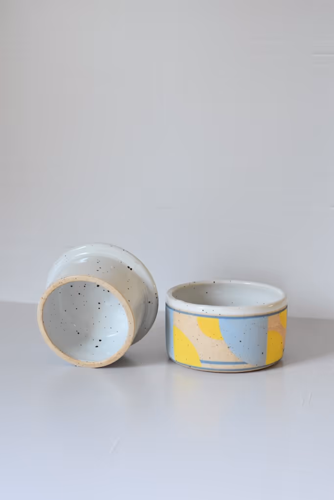 Blue and yellow butter keeper. 