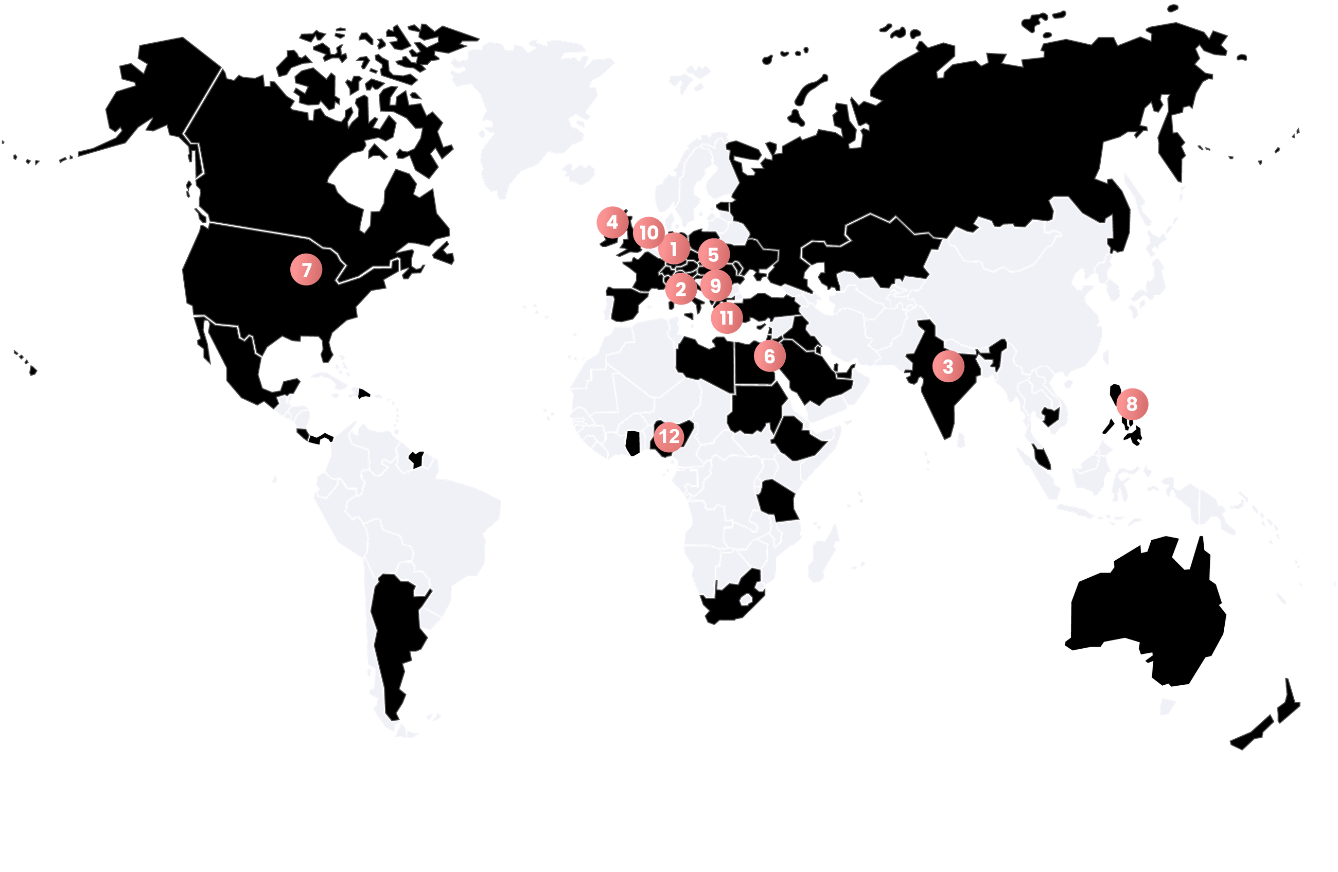 The world map with coloured in countries where MedITEX IVF is being used. It shows 12 numbers to share where the distributors are.