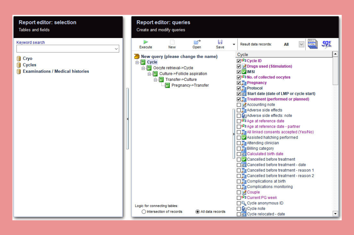 MedITEX Report Editor showing custom queries with selectable fields for cycles, oocyte retrieval, and treatment data.