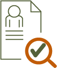 Icon of a document with a person's silhouette and lines of text, alongside a magnifying glass with a checkmark, representing CLEAN TERRA's background checks.