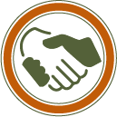 Graphic of two hands shaking inside a circular border with an outer ring, signifying trust and agreement, indicative of Clean Terra's affordable and transparent pricing.