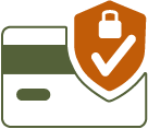 Icon depicting a credit card beside a shield with a check mark, symbolizing secure online payments available 24/7 for Clean Terra bookings.