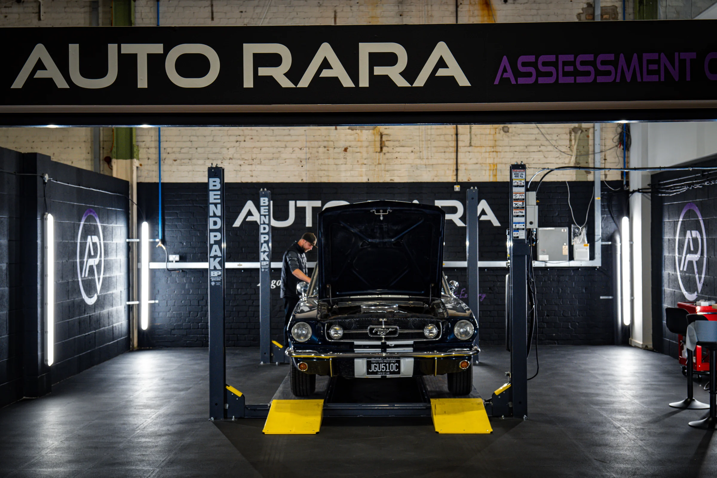 Classic Ford Mustang undergoing assessment inside the Auto RARA Assessment Centre