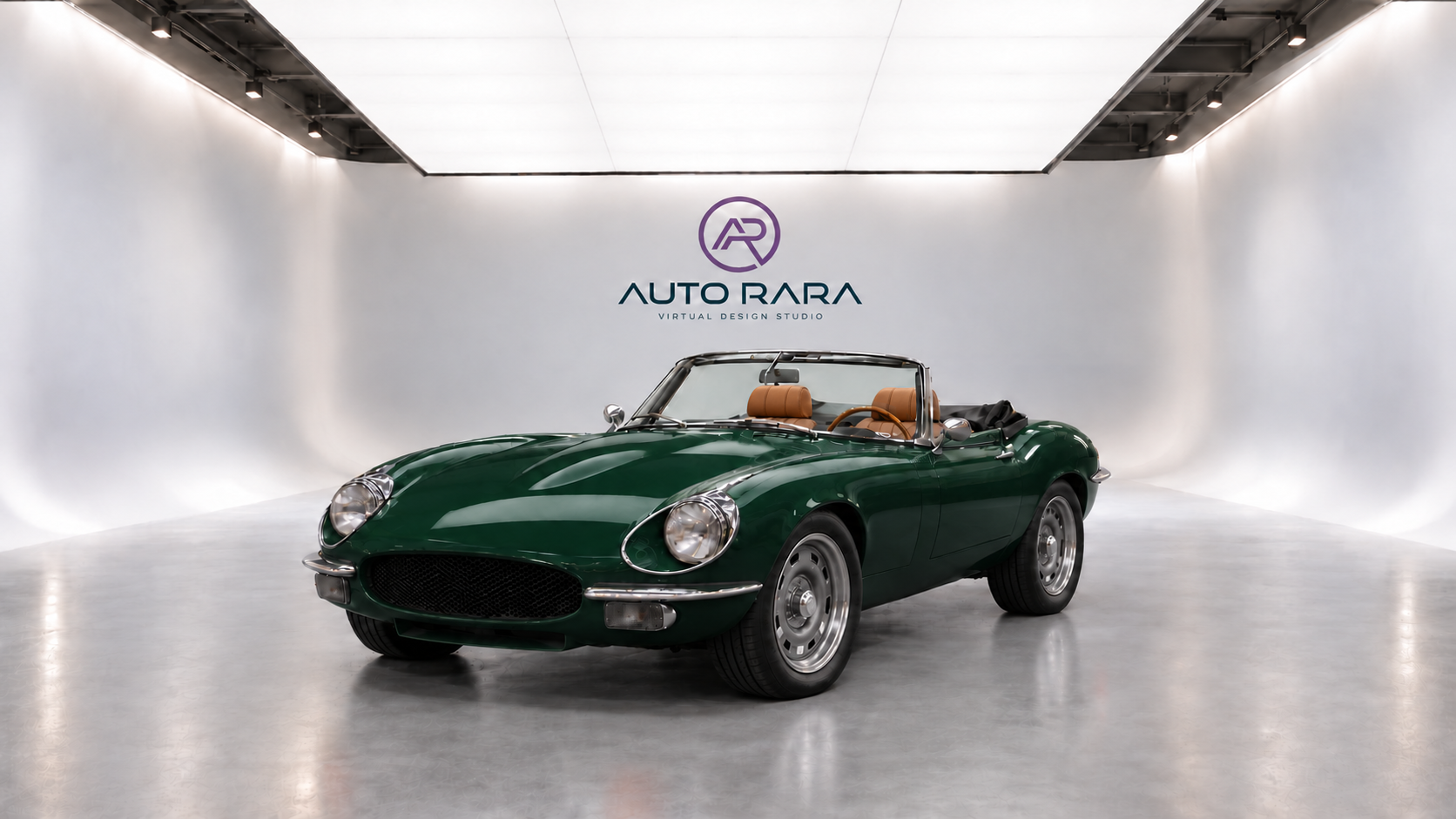 E-type design study in racing green with bright exterior trim and tan cabin.