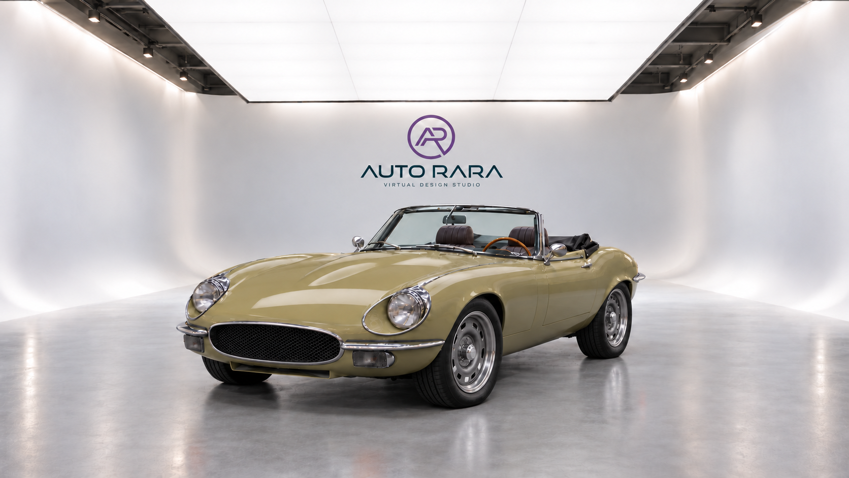 Beige E-type historical design study with revised wheels, mesh grille, simplified bumpers and lamps.
