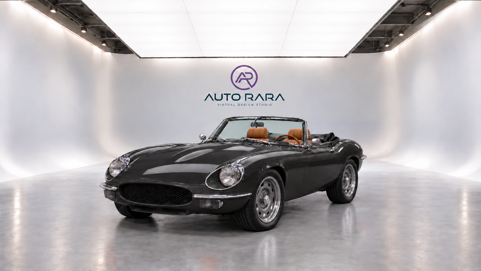E-type Black Nickel paint study with bright exterior trim and tan cabin.